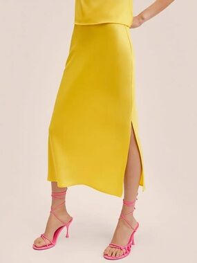 Mango Yellow Satin Midi Skirt S High Waist Slip Skirt Side Slit Minimalist NWT